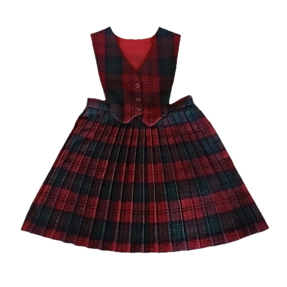 VTG Archie‎ Brown & Son Pleated Skirt Vest Holiday Preppy Red Green Plaid Girl 8